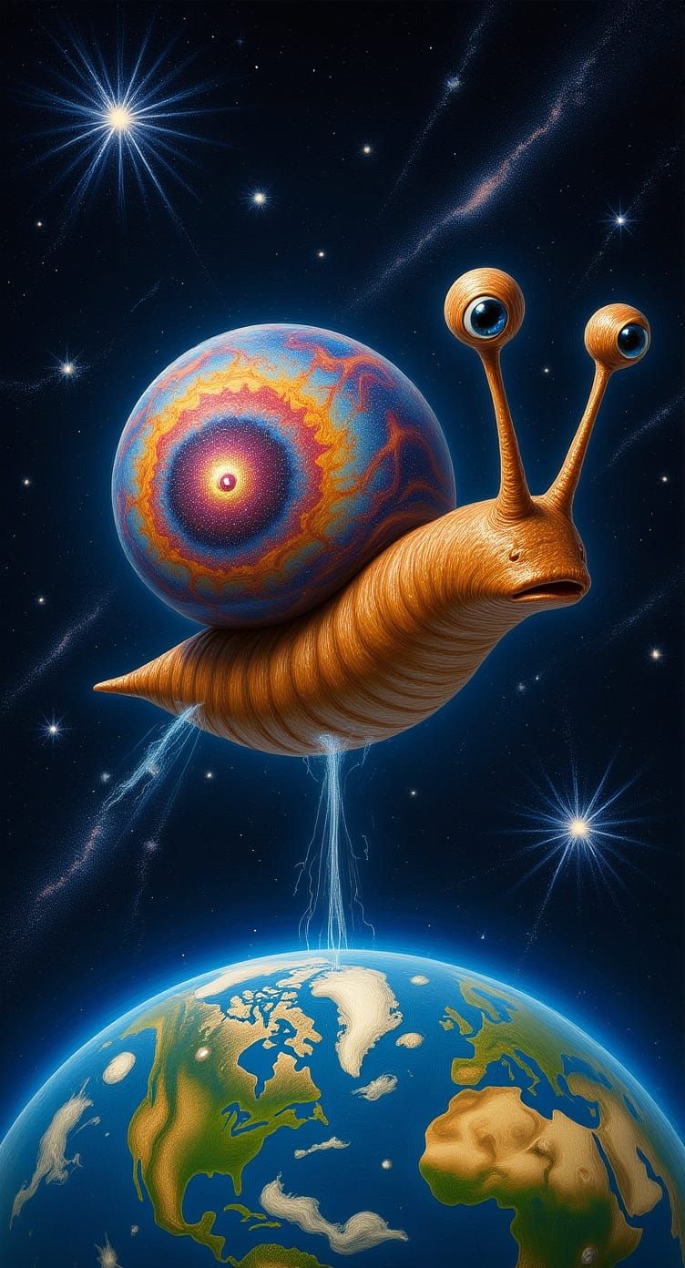 Cosmic Snail Gazes Upon Earth in Surreal Dreamscape