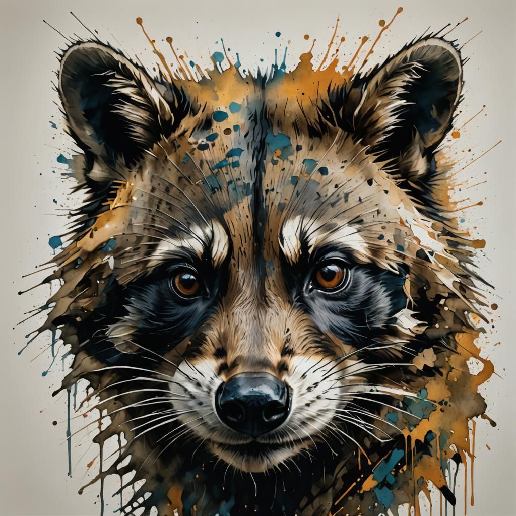 Detailed Inkblot Raccoon Portrait with Brush Strokes