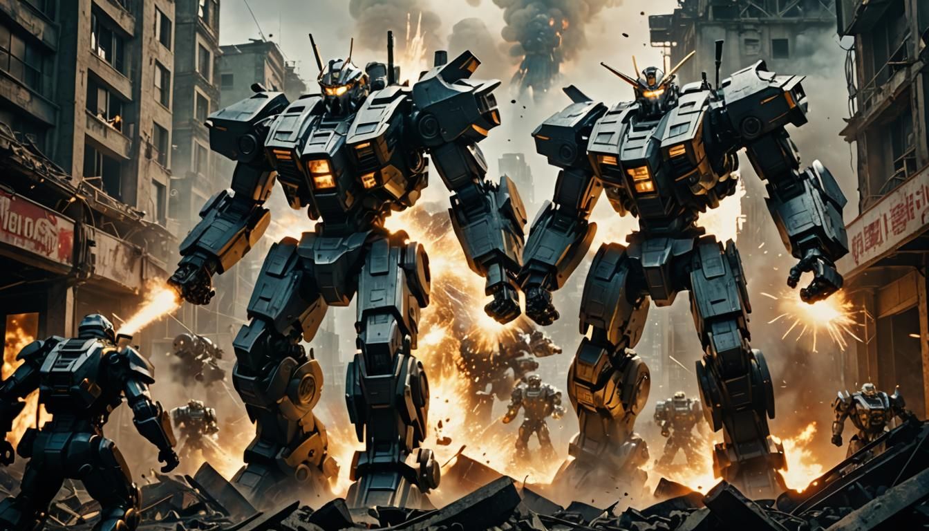 Epic Mecha Battle in a Ruined City