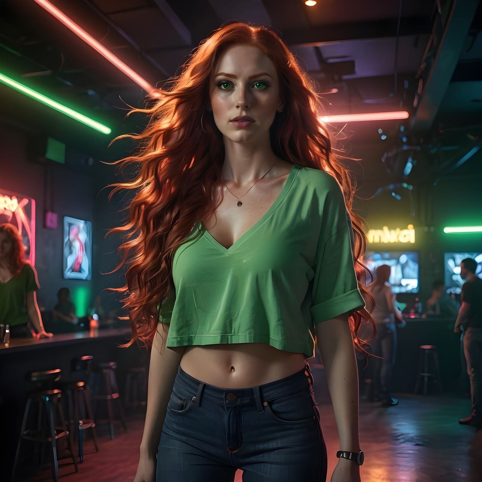 Red-Haired Woman in Nightclub, Hyperrealistic Portrait