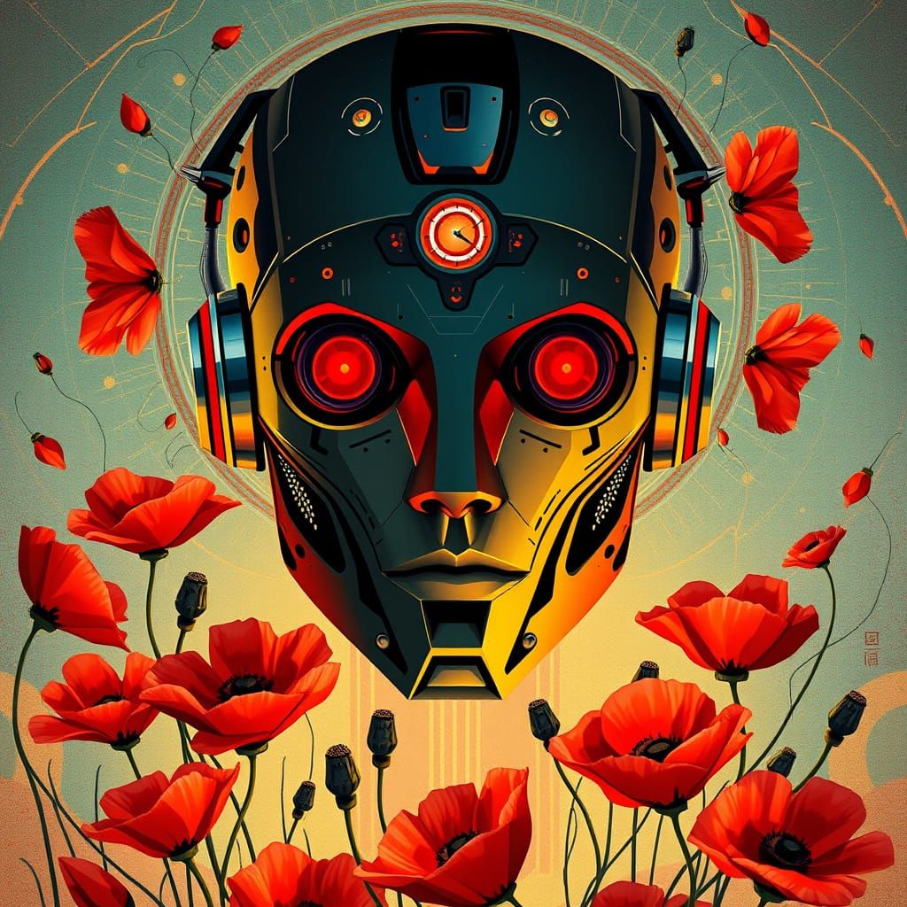 Robotic Face in Poppies: Cubist Fractal Illustration