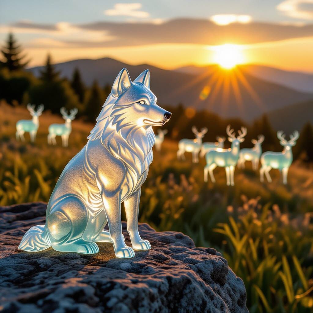 Sea Glass Wolf Sculpture at Sunset with Deer Herd