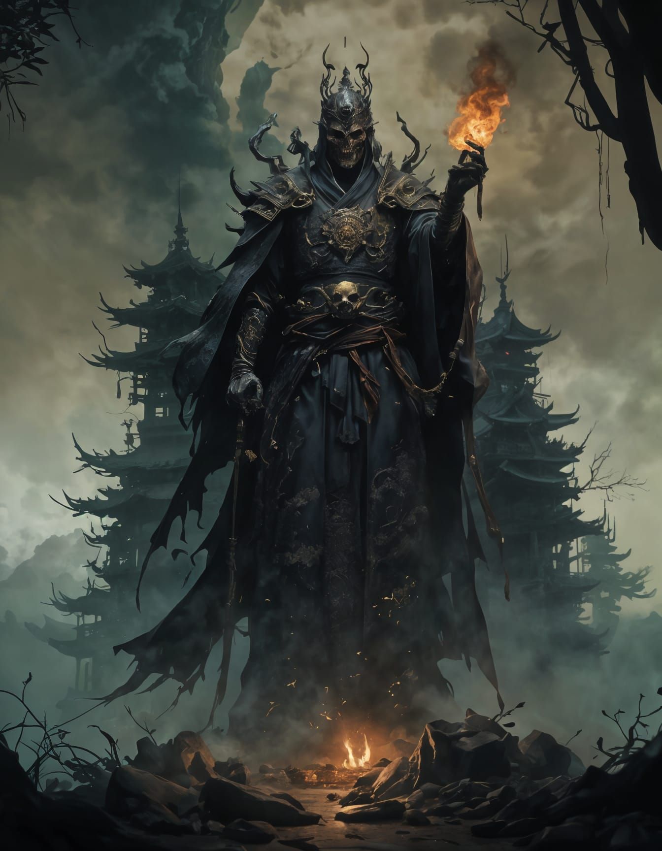 Horror Japanese Emperor Lich in Gustave Doré Style