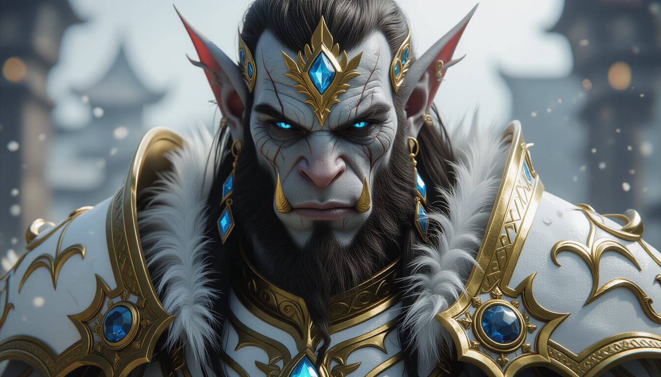 Albino Orc Warlock in White and Gold Armor