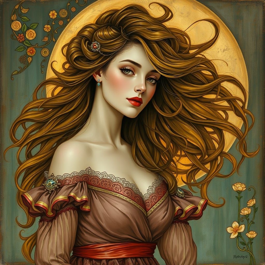Romantic Woman in Alphonse Mucha Style