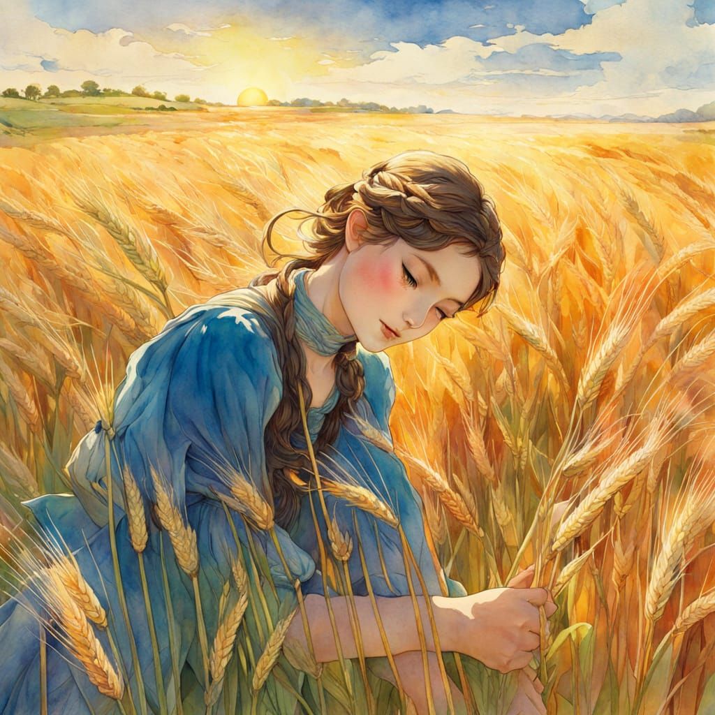 Vibrant Watercolor Wheat Field in Luminous Sunny Radiance