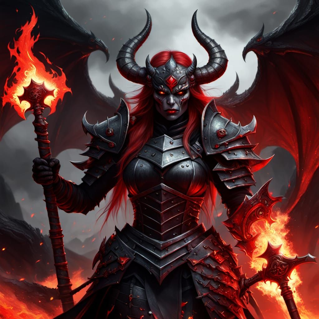 Battle Demon with Flail in Hellish Landscape