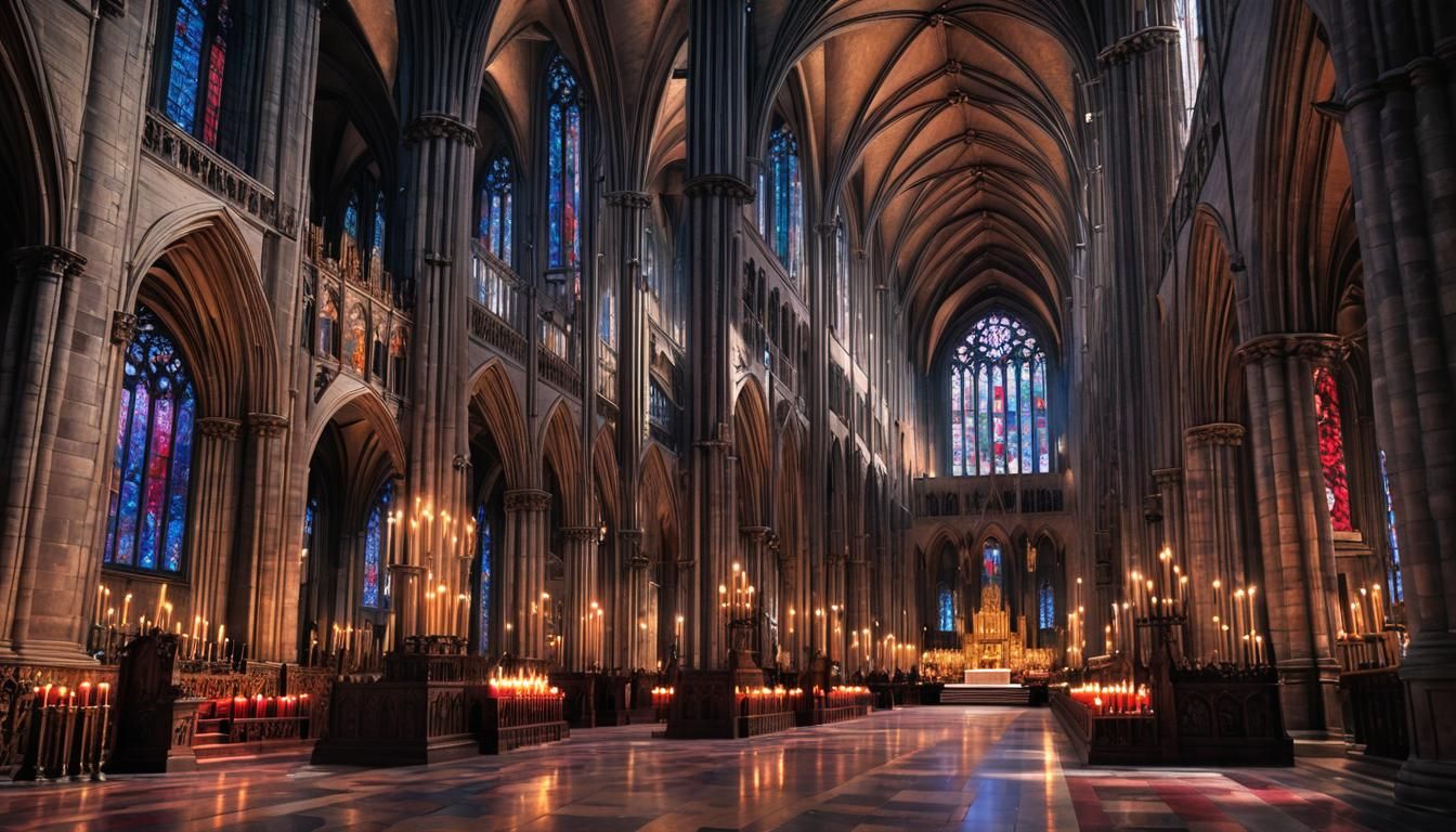 Dramatic Gothic Cathedral Interior with Stained Glass