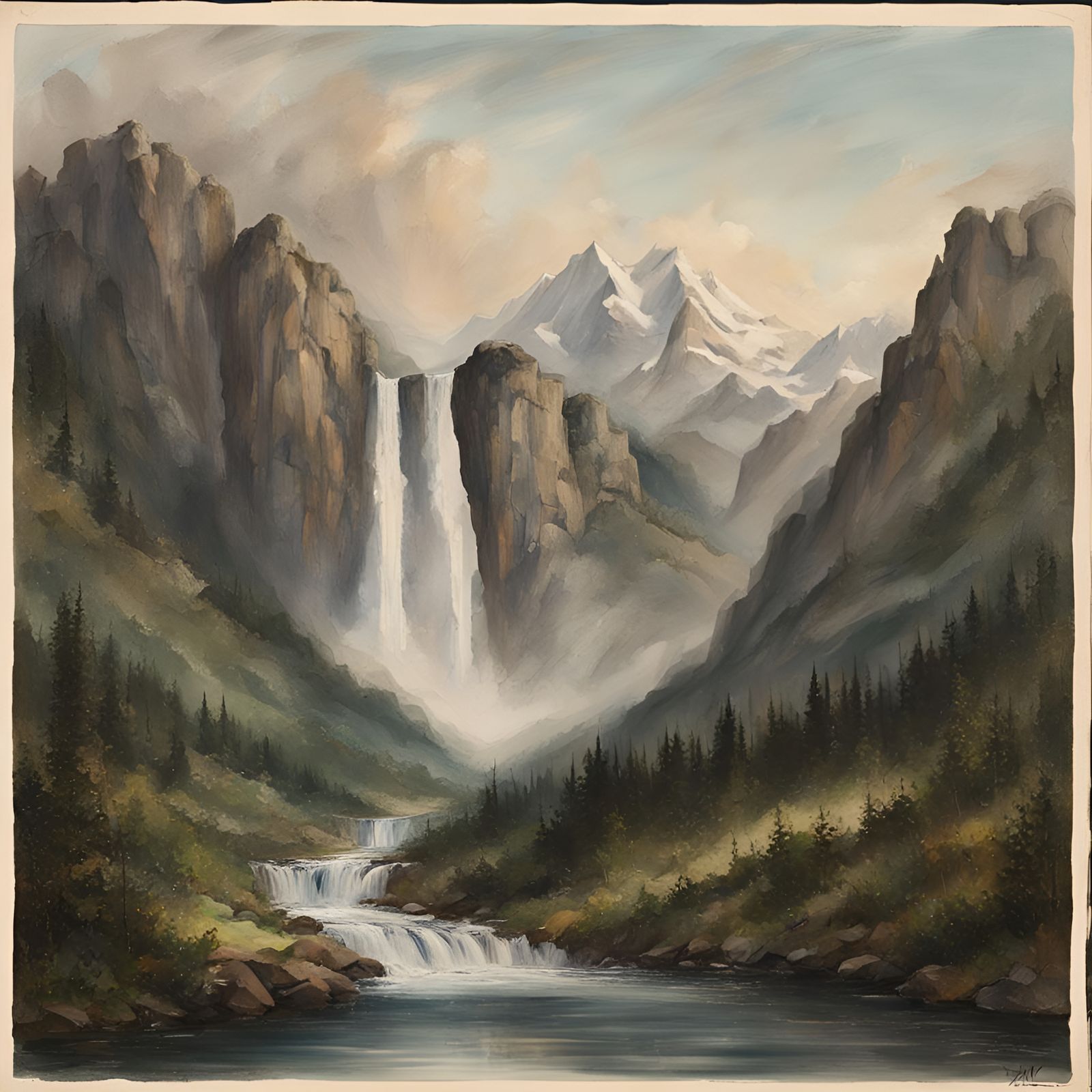 Mountains and Waterfall Landscape