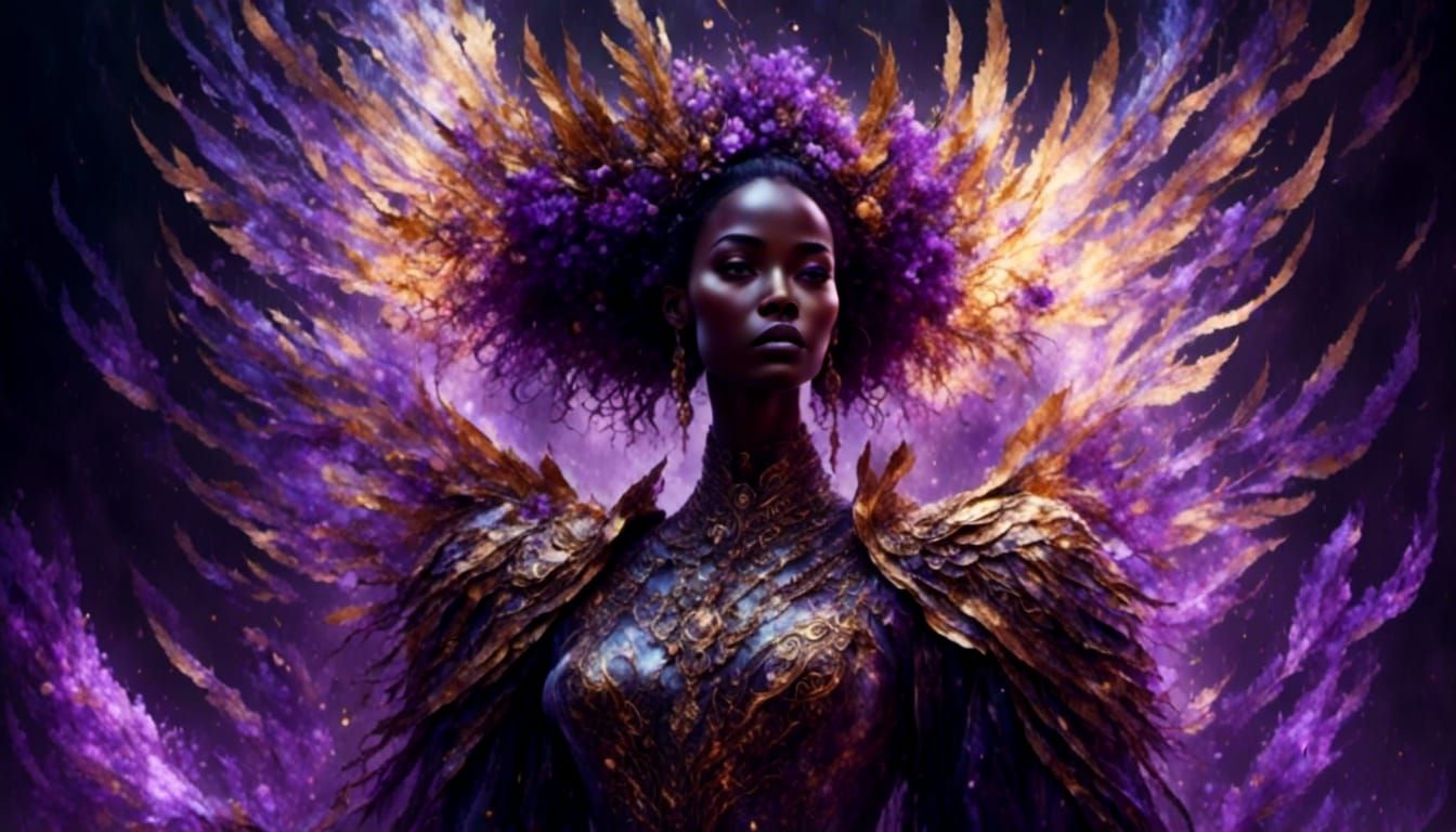 Golden God with Valkyrie Wings in Purple Smoke