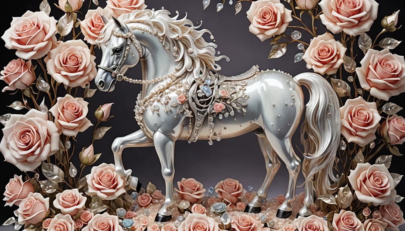 Pearlescent Crystal Horse Surrounded by Roses