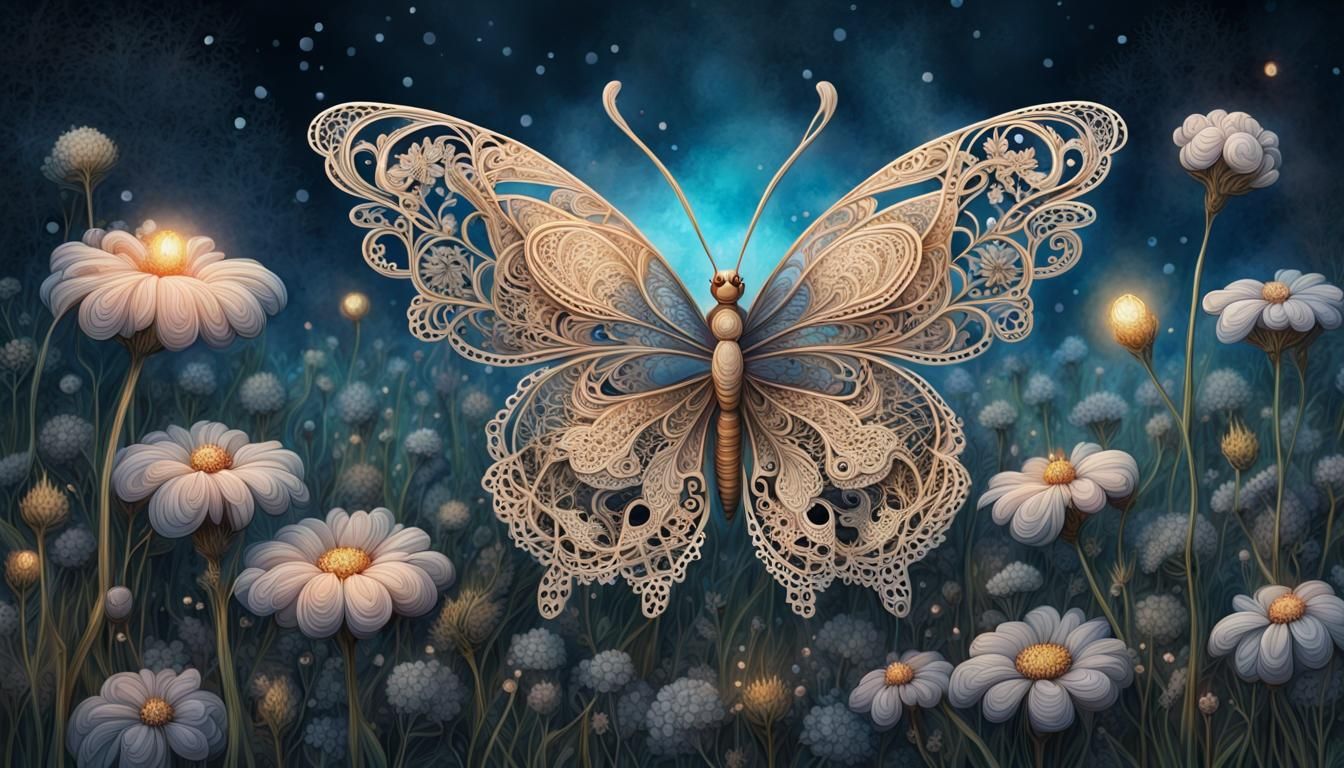 Lace Butterfly on Moonlit Meadow, Detailed Painting