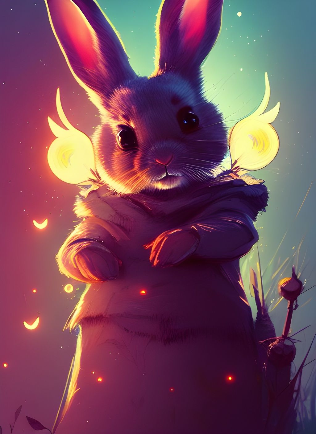 Cute Rabbit Portrait with Fireflies: 8K Digital Art