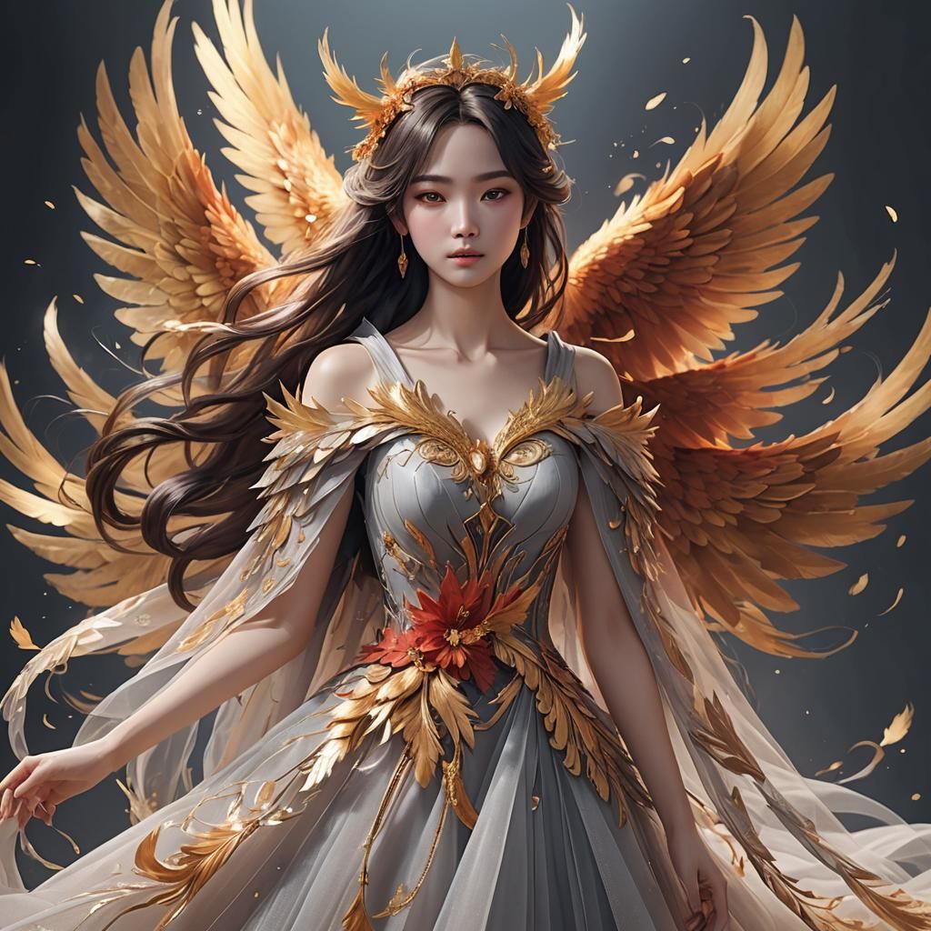 Flowing Tulle Gown Inspired by a Phoenix in 3D Anime Art