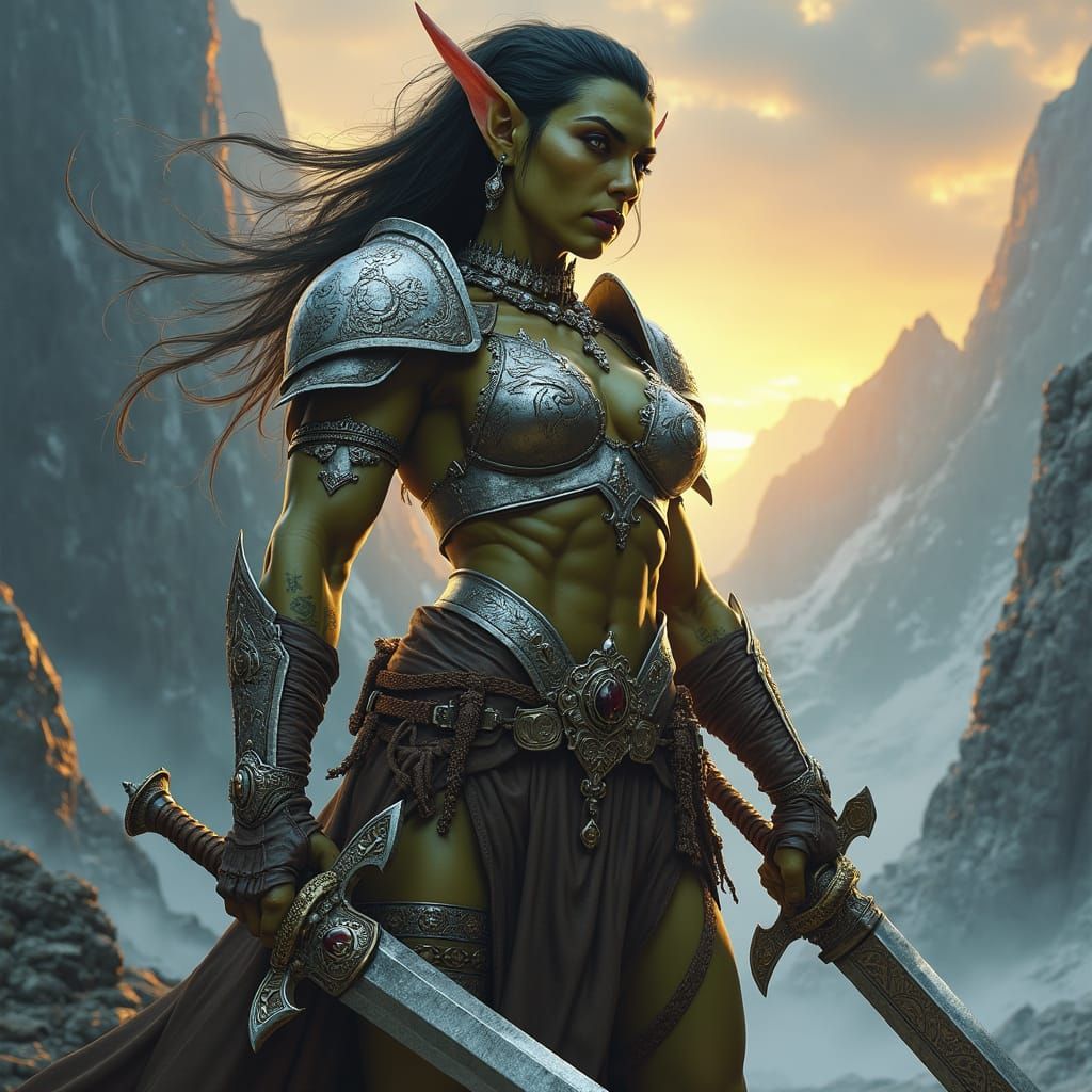 Majestic Female Orc Warrior in Silver Armor