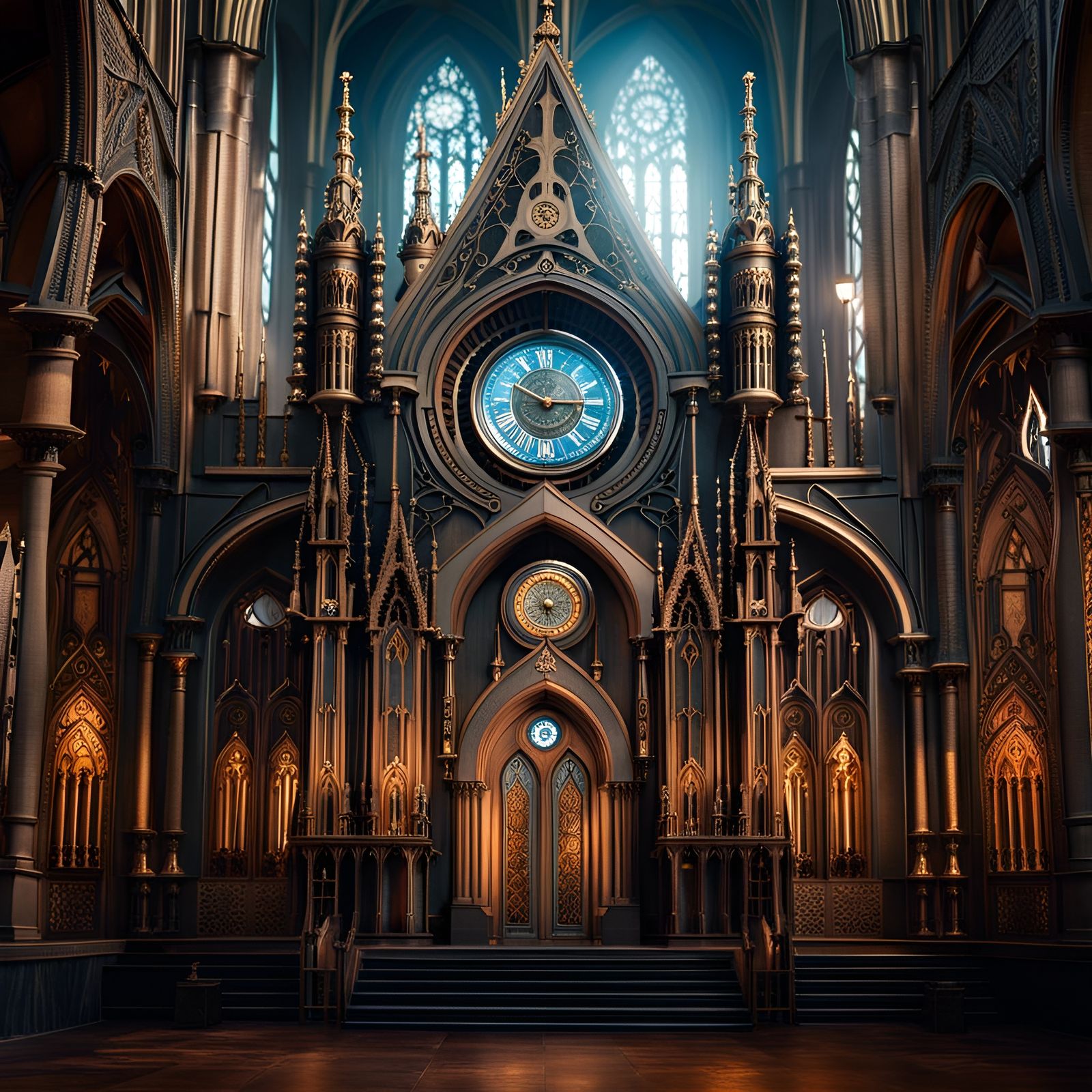 awe-inspiring Detailed ornate medieval "steampunk gothic cathedral" in eerie landscape depth of field, 85mm photograph, ...
