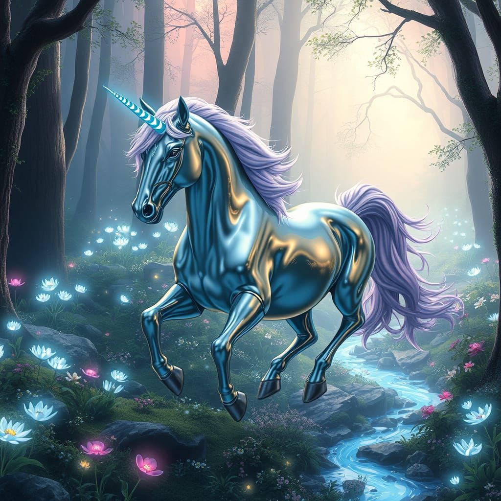 Surreal Unicorn Gallops Through Whimsical Forest with Ethere...