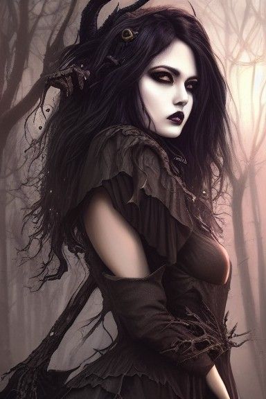 Beautiful Witch in Sinister Forest: Digital Illustration