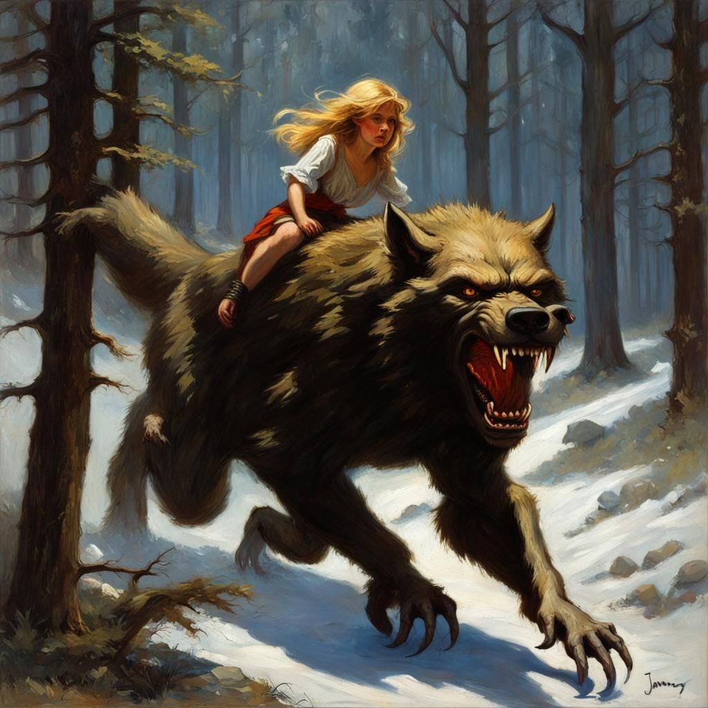 Girl Rides Werewolf Through Forest in Oil Painting