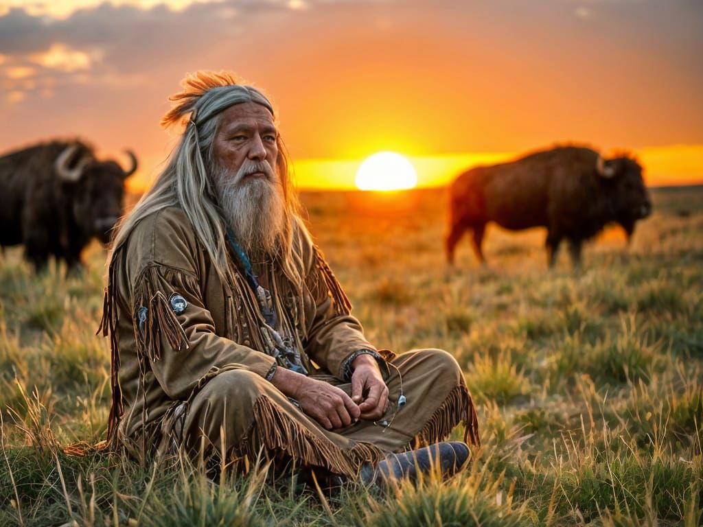 Native American Elder Meditating with Bison at Sunset