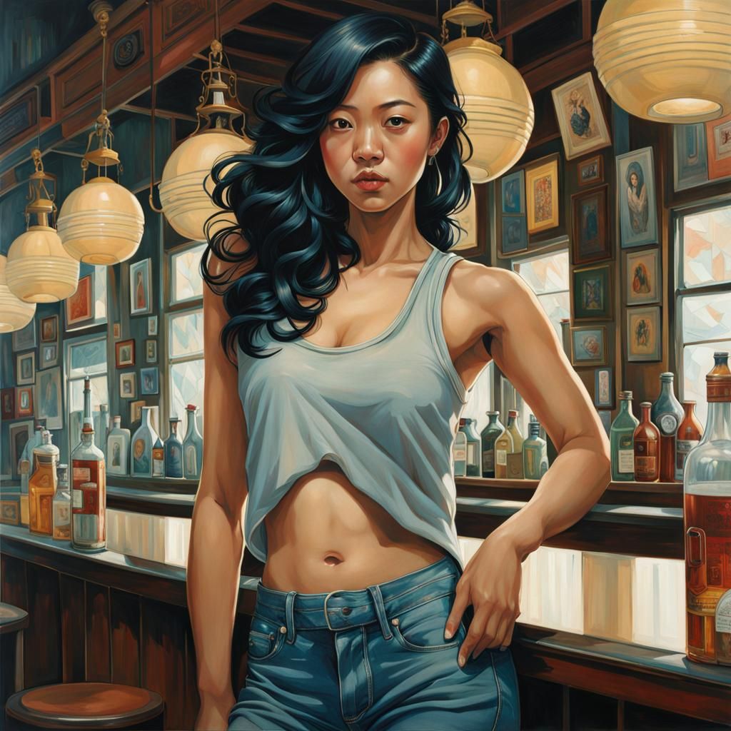 Stylish Woman in Pub: Contemporary Illustration