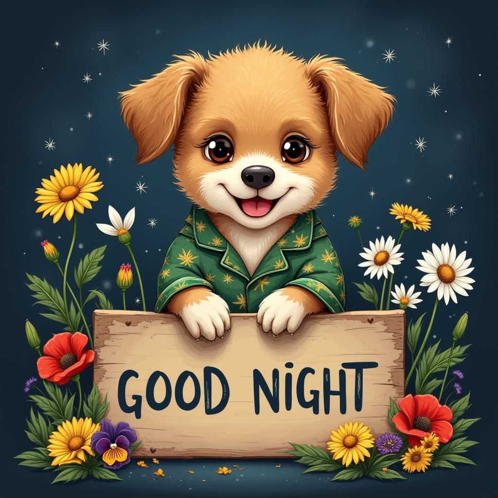 Smiling Puppy in Pajamas Among Wildflowers