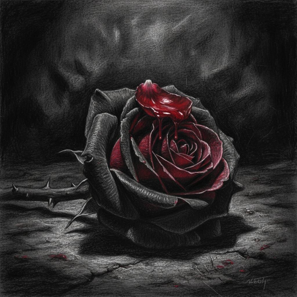 Charcoal Rose Sketch: Crimson Petals & Blood Stain