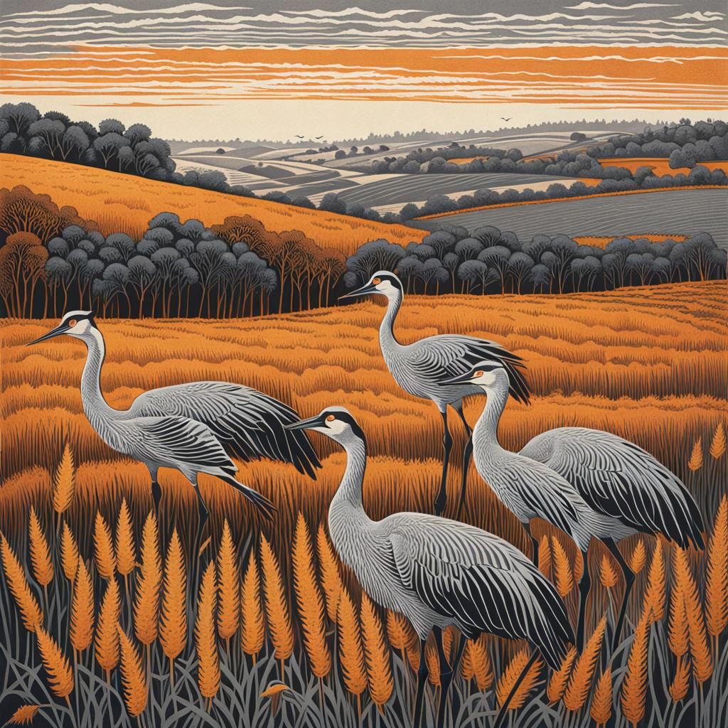 Cranes in Autumnal Field: Wood Engraving Style