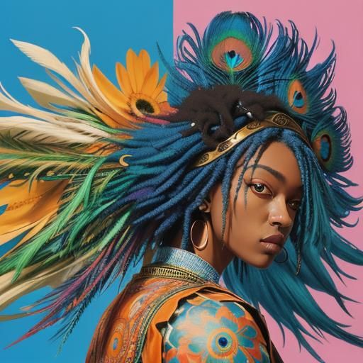 Colorful Woman with Peacock Feathers, Digital Art