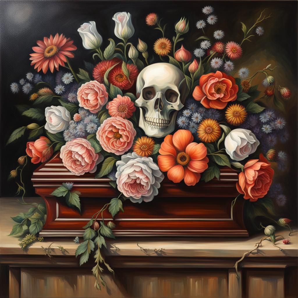 Floral Skeleton in Coffin Oil Painting