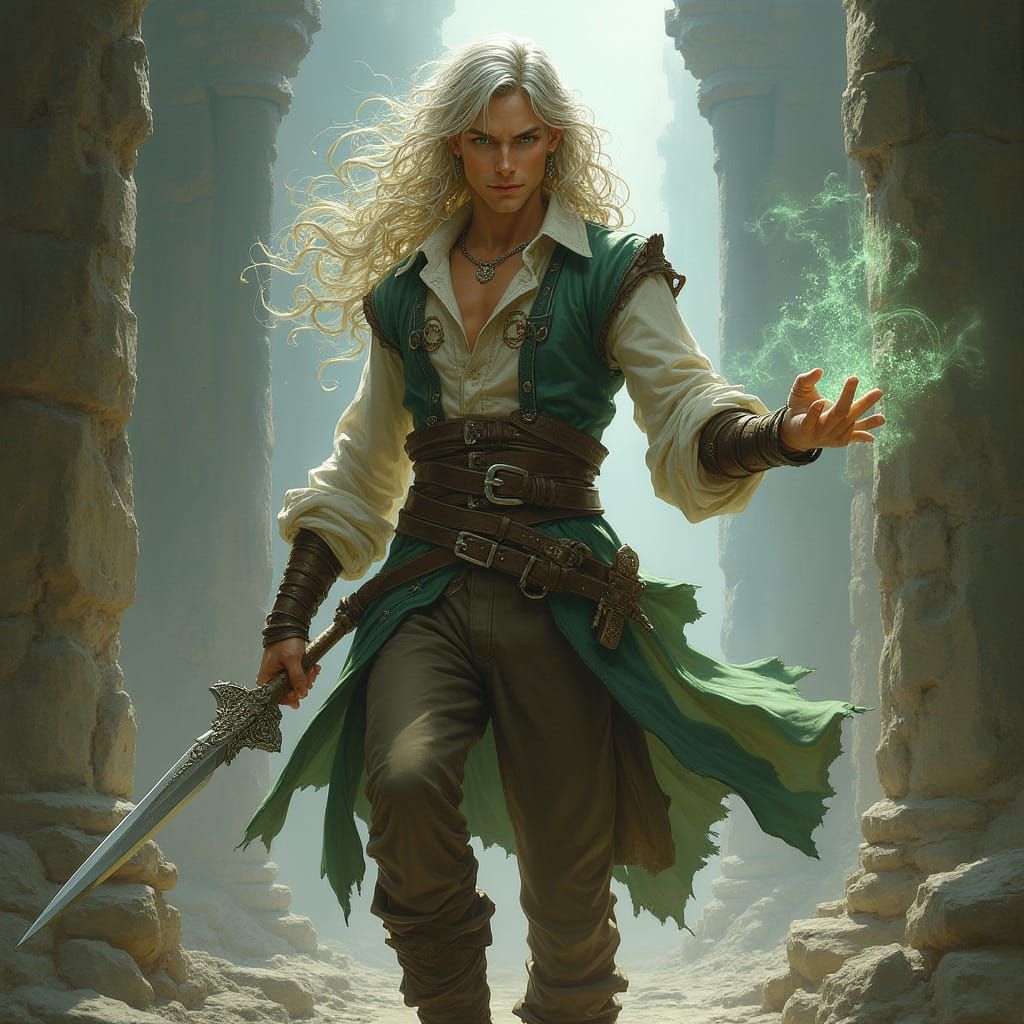 Half-Elf Warrior Casts Air Spell in Ancient Ruins