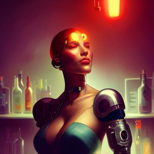Detailed Cyborg Bartender Portrait in Galactic Lighting