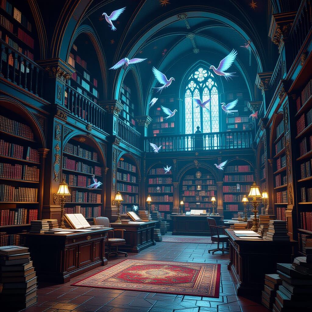 Magical Library with Spellbooks and Flying Creatures