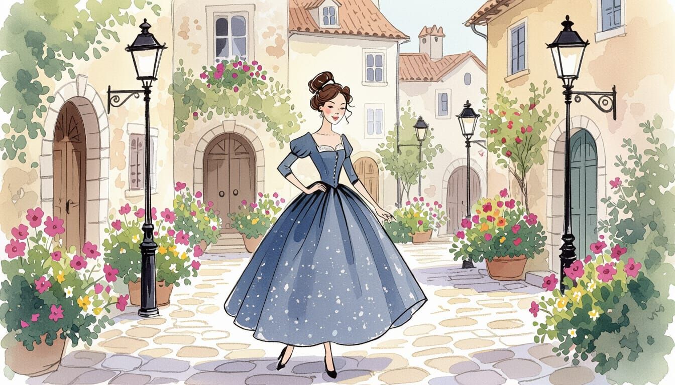 Elegant Woman in European Courtyard, Watercolor Style