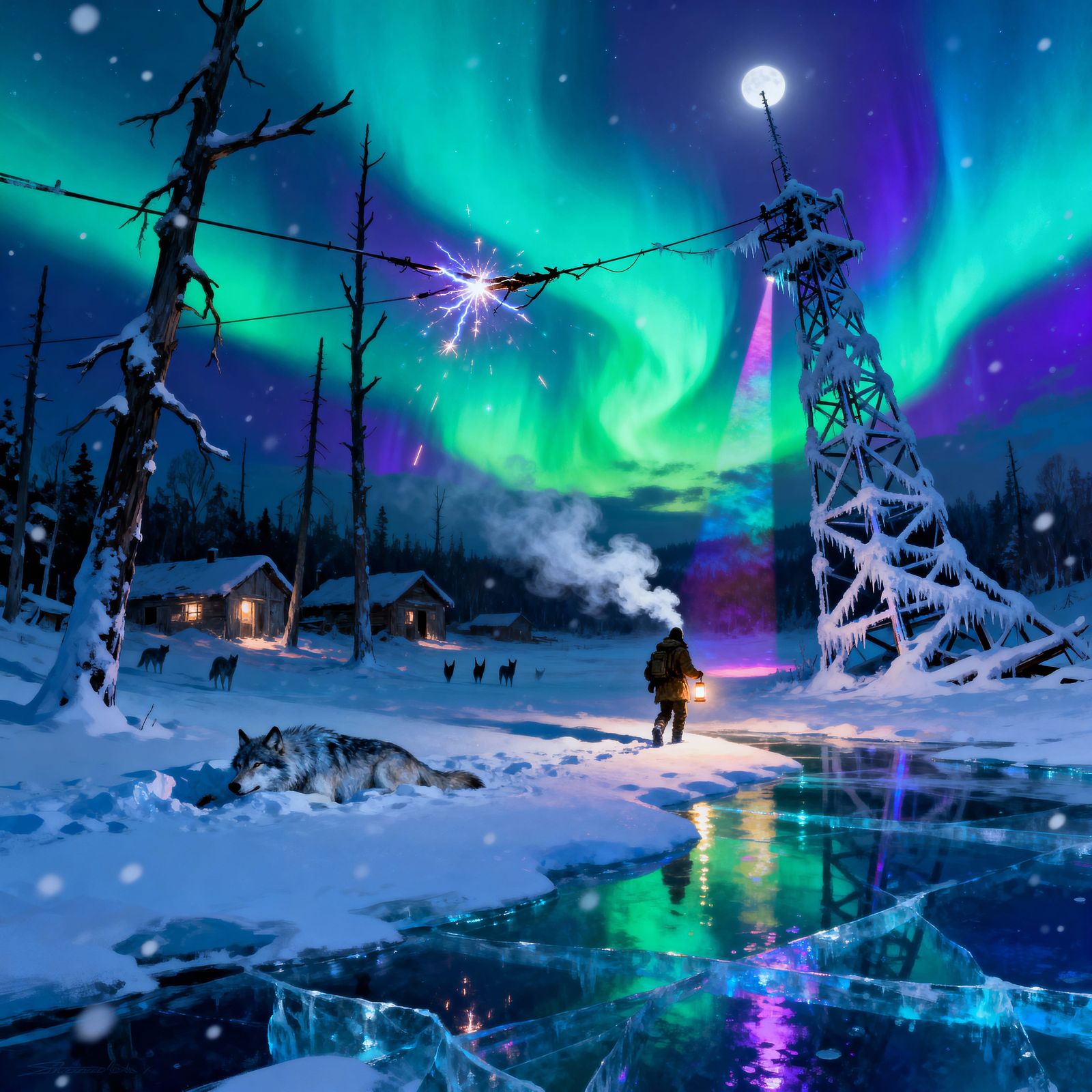 Lone Survivor Under Breathtaking Aurora in Frozen Wilderness