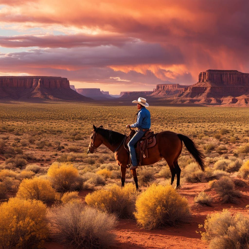 Western Cowboy Rides Horse in Desert Valley