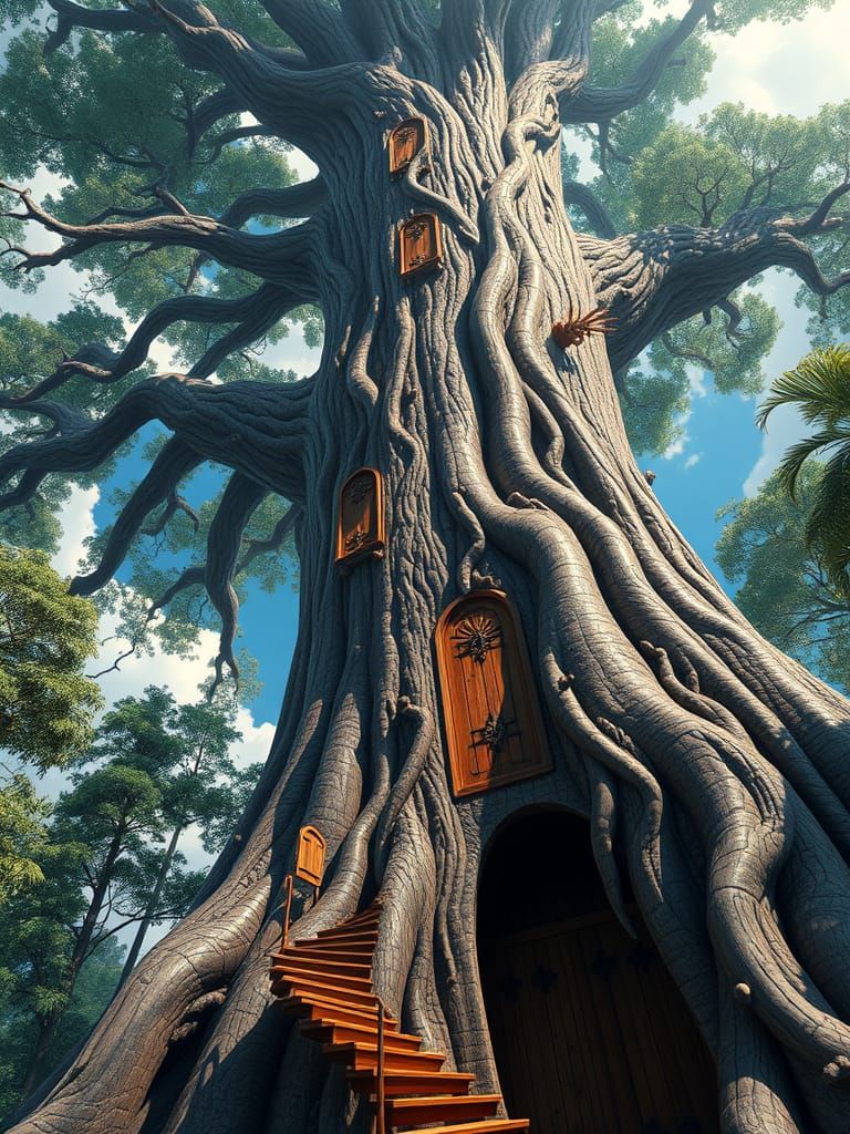 Colossal Tree with Ornate Doors: Fantasy Illustration