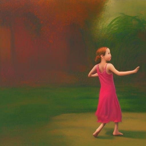 Girl Dancing in Dewy Garden: Color Portrait