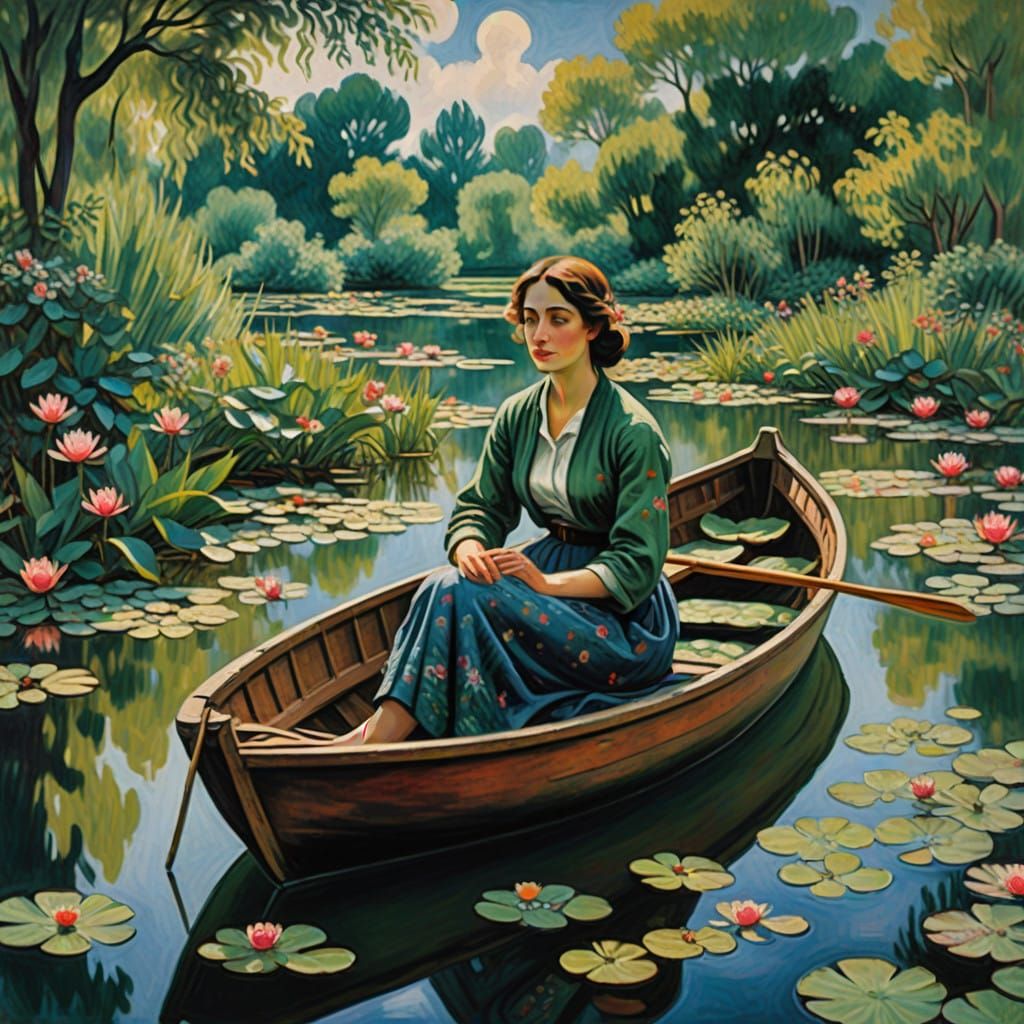 Serene Woman Amidst Water Lilies in Impressionist Style