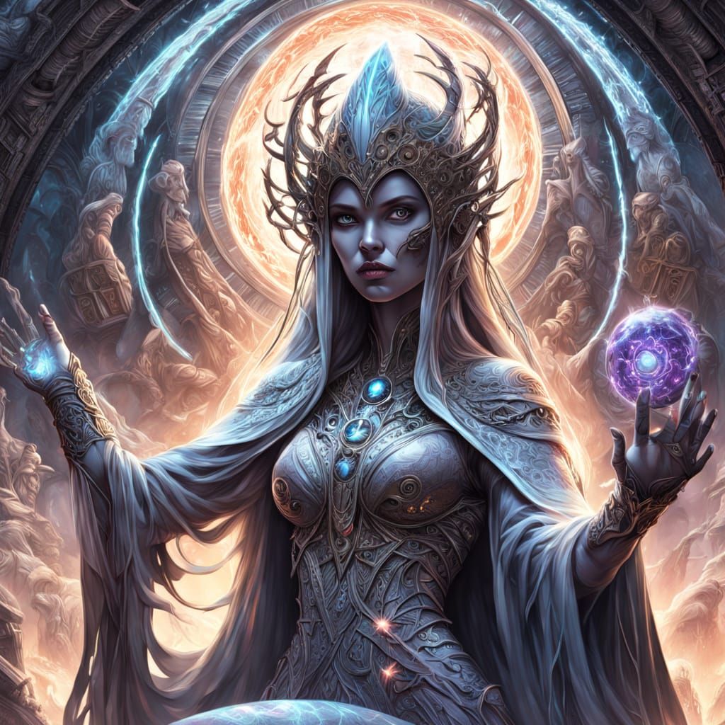 Alien Sorceress Guards Celestial Ruins in Cosmic Digital Art