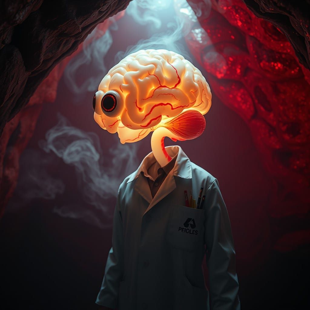 Translucent Brain in Lab Coat, Floating Amidst Cave of Raw F...