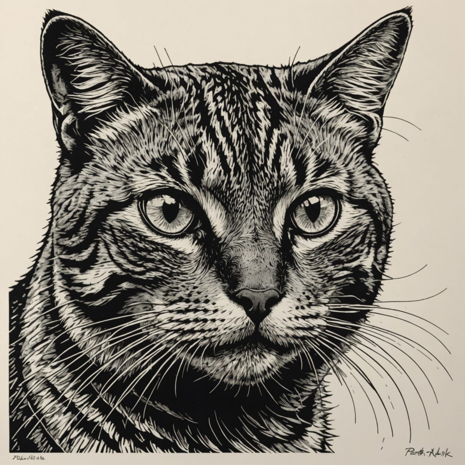 Detailed Linocut of a Cat with Fine Lines