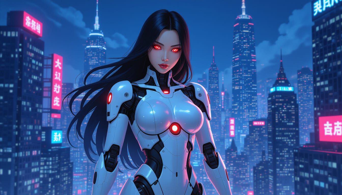 Cyberpunk Gynoid Pinup in Art Nouveau Style