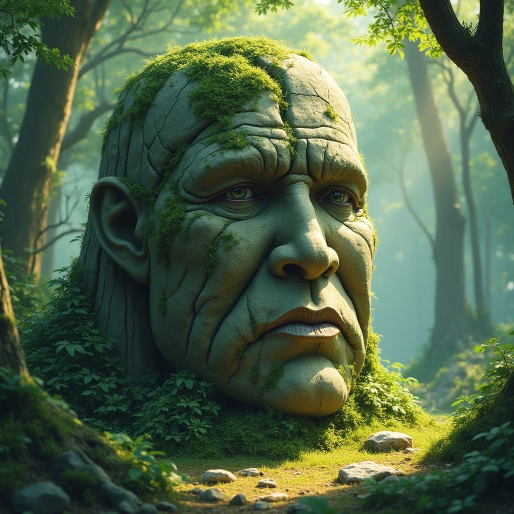 Moss-Covered Rock Features a Wise and Serene Man
