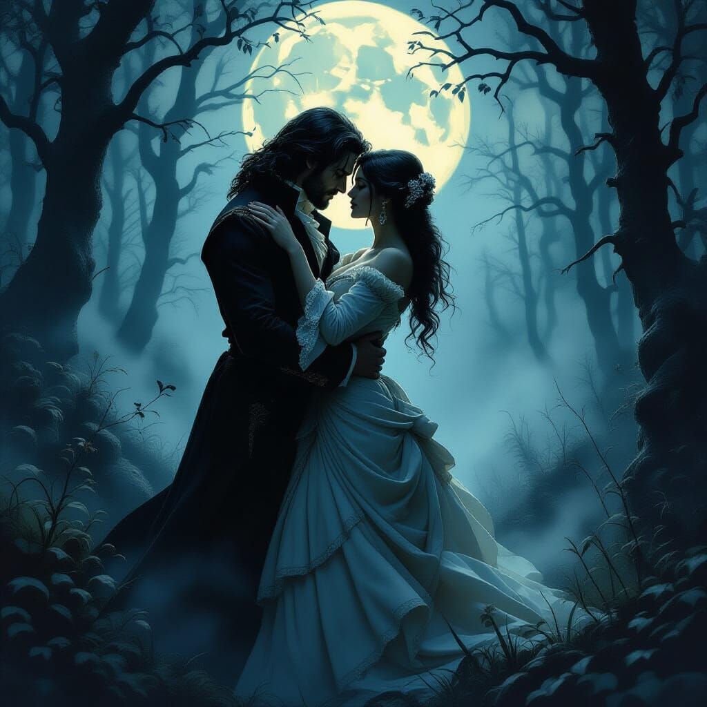 Romantic Embrace in Moonlit Forest, Pre-Raphaelite Style