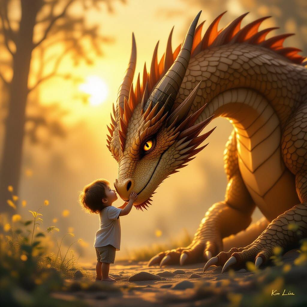 Child and Dragon Embrace at Sunrise in Misty Forest