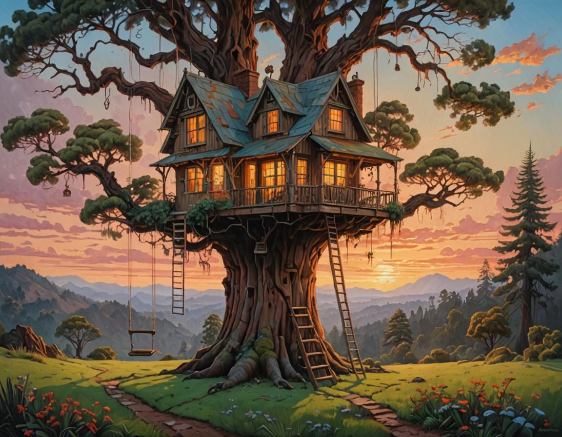 Treehouse Fantasy: Oil Painting at Sunset