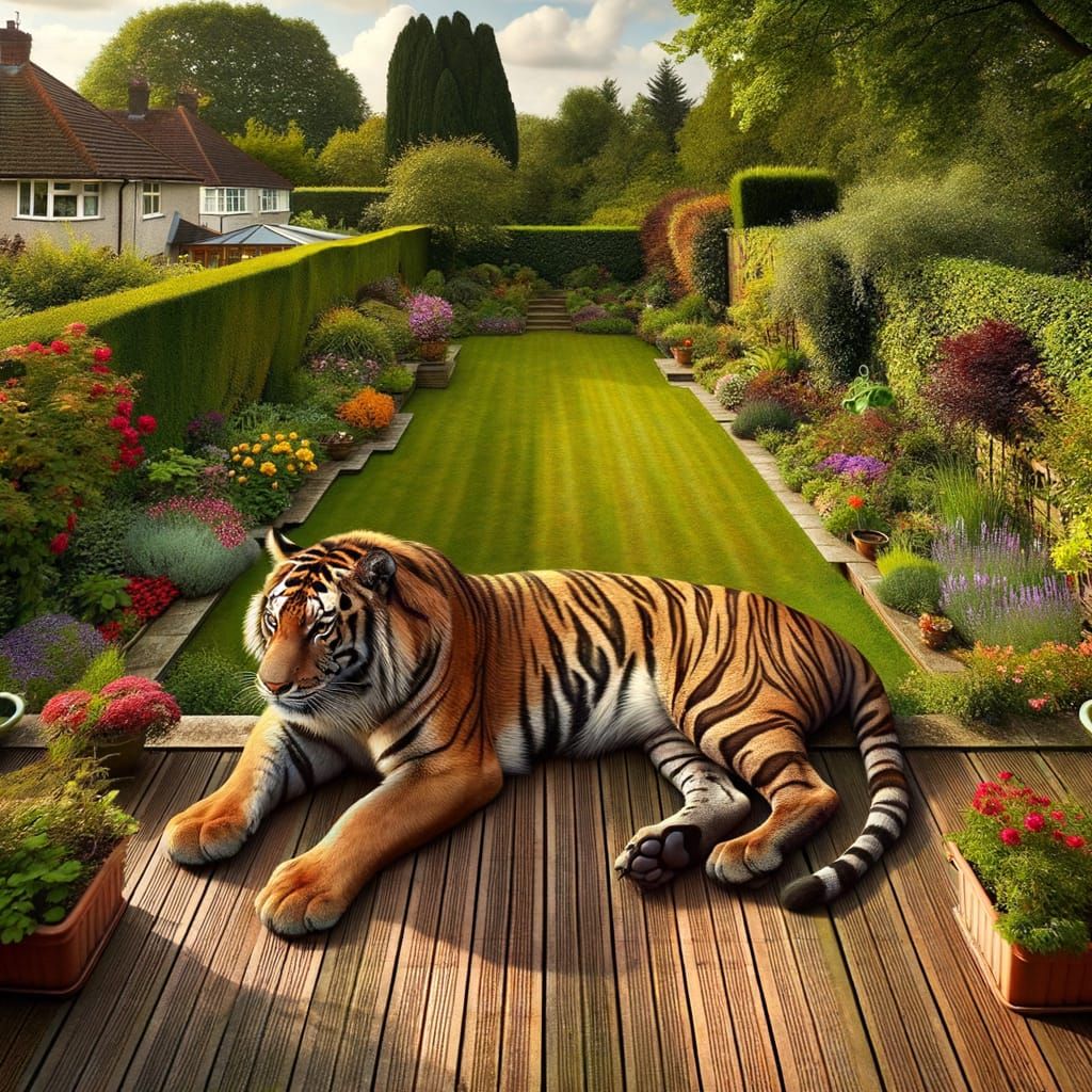English Suburban Oasis with Majestic Bengal Tiger