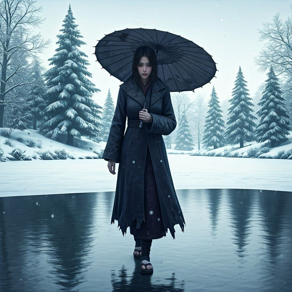 Lonely Samurai Woman Stands at the Brink of Life and Death i...