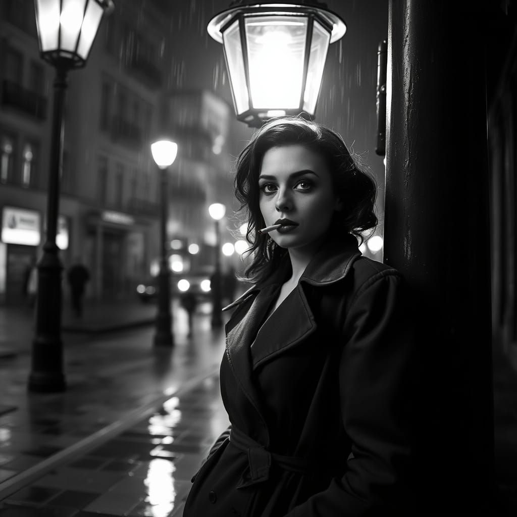Film Noir Woman in Rainy City Street